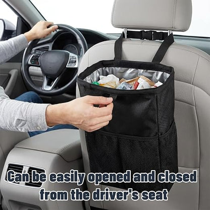 3.5 Gallon Leak-Proof Car Trash Can with Hook and Loop Lid and Handle, Waterproof Portable Hanging Auto Garbage Bag, Large Capacity Waste Bin for SUV, Truck, RV, Camping & Office (Black)