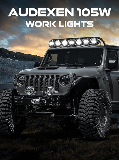 AUDEXEN LED Work Lights, 7 Inch 105W Round Spot LED Pods Light Bar High/Low Beam DRL with Adjustable Mounting Bracket Compatible with Jeep Off Road 4WD Truck SUV UTV ATV Driving Lamp, 2 PCS