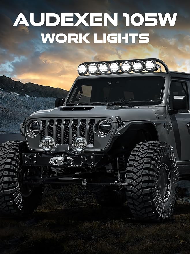 AUDEXEN LED Work Lights, 7 Inch 105W Round Spot LED Pods Light Bar High/Low Beam DRL with Adjustable Mounting Bracket Compatible with Jeep Off Road 4WD Truck SUV UTV ATV Driving Lamp - 1pcs