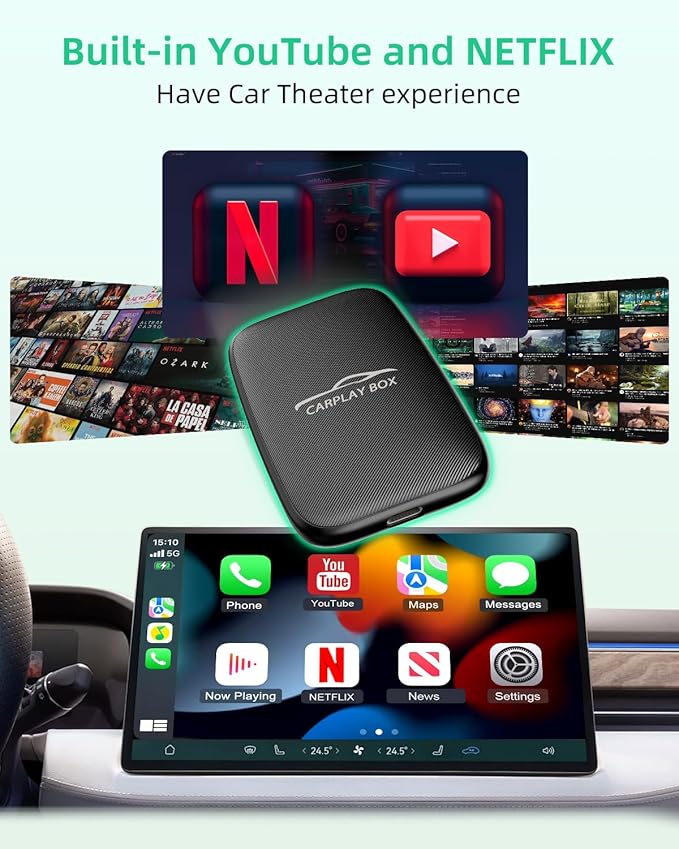 6-in-1 Android Auto Wireless Adapter and Apple CarPlay Adapter, Wireless Carplay Adapter with Netflix YouTube TF Card, Plug & Play, Easy Setup, Magic Ai Box for OEM Wired iPhone Car Play Cars