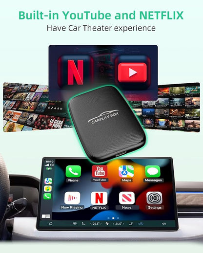 6-in-1 Android Auto Wireless Adapter and Apple CarPlay Adapter, Wireless Carplay Adapter with Netflix YouTube TF Card, Plug & Play, Easy Setup, Magic Ai Box for OEM Wired iPhone Car Play Cars