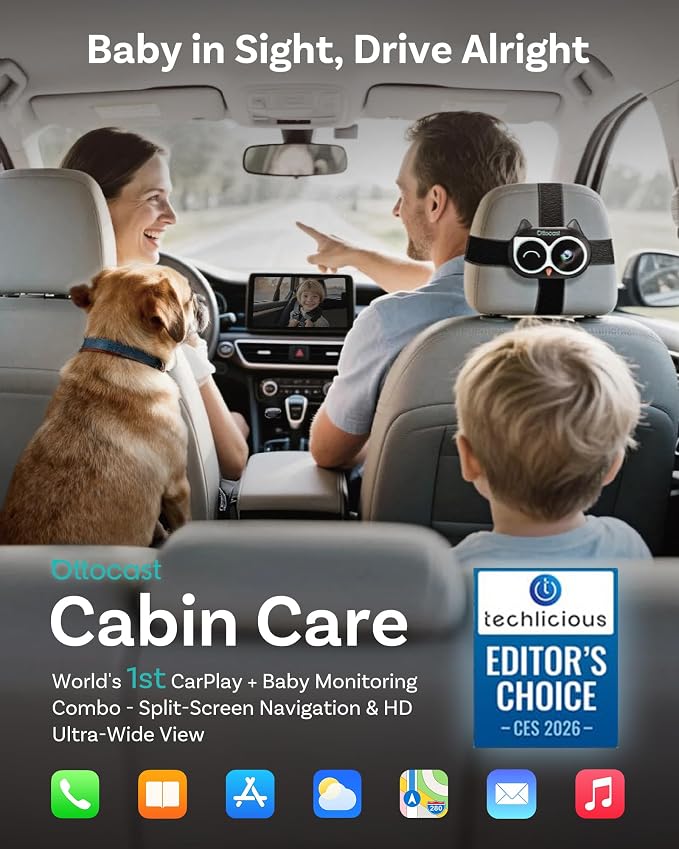 OTTOCAST Baby Car Camera 2026,Wireless CarPlay Adapter (No Android Support) | Display the Baby View on the Original Car Screen,Split Screen for Navigation & Baby Monitor,Wired CarPlay to Wireless