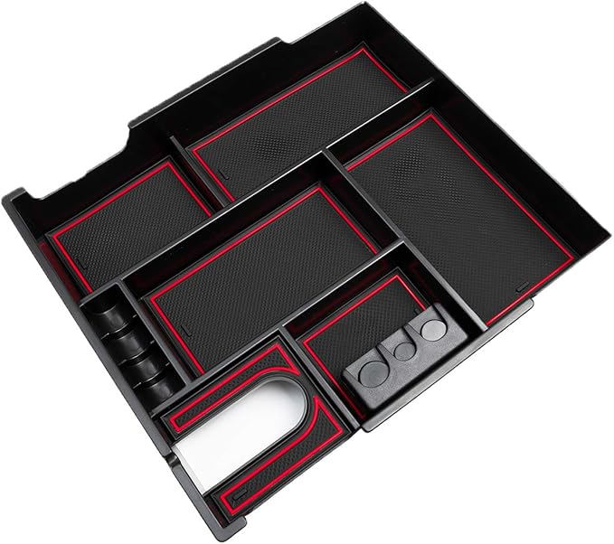 JDMCAR Compatible with Toyota Tundra Accessories 2014-2021 Center Console Organizer, Insert ABS Black Materials Tray, Armrest Secondary Storage Box - Full Tray -Red Trim
