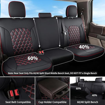 Huidasource Dodge Ram Seat Covers Full Set, Full Coverage Waterproof Leather Pickup Truck Seat Cushion Protector Fit for 2009-2018 1500, 2010-2025 2500/3500 Crew Mega Cab(Full Set/Black&Red)