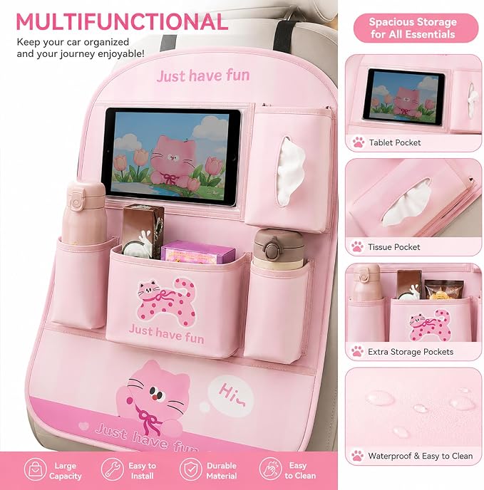 YUNZLAN Leather Backseat Car Organizer, Kick Mats Back Seat Protector with Touch Screen Tablet Holder Back Seat Organizer for Kids with 4 Storage Pockets Travel Accessories (PinkPinkCat)