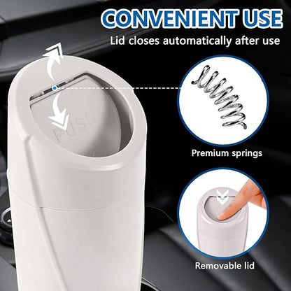 Hovom Mini Car Trash Can with Lid, Portable Garbage Can for Car, Leakproof Cup Holder Automotive Garbage Bin with 2 Rolls of Trash Bags, Small Trash Storage Can for Car Home Office(White)