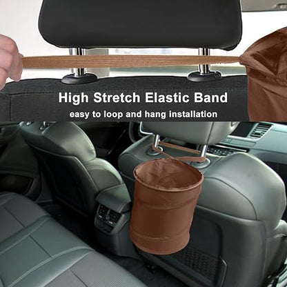 Car Trash Can, 2 Packs Mini Car Garbage Can, Collapsible Trash Bin | Pop-Up Trash Can for Car Front Back Seat, Portable Car Trash Bag Hanging for Vehicle SUV Rv Truck Accessories Interior, Brown