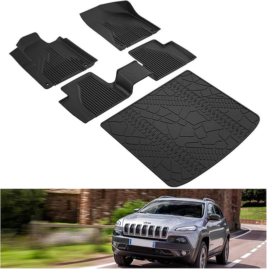 KIWI MASTER Floor Mats & Cargo Mat for 2014-2023 Jeep Cherokee (Not Grand Cherokee), Custom Fit All Weather Car Mats, Heavy Duty TPE Floor Liners, Front & Rear & Tray Trunk Mat Set, Black