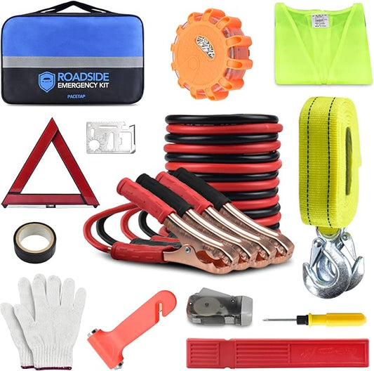 PACETAP Car Roadside Emergency Kit, Essential Auto Safety Road Side Assistance Tool Kit with Jumper Cables, Towing Rope, Triangle and More Winter Vehicle Accessories