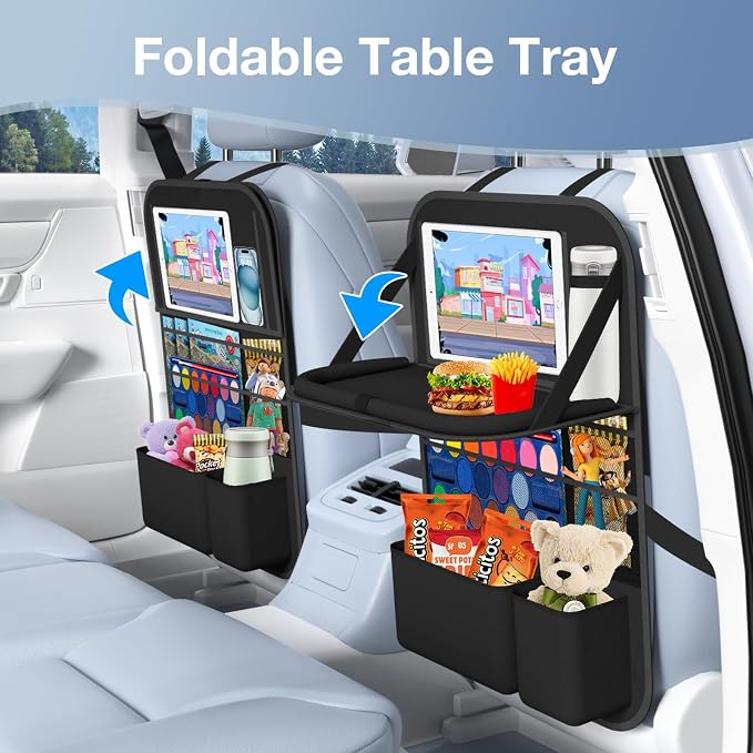 Car Backseat Organizer with table Tray(1Pack) 9 Storage Pockets Backseat Car Organizer with Tablet Holder, Back seat Organizer for Kids Road Trip Essentials Travel