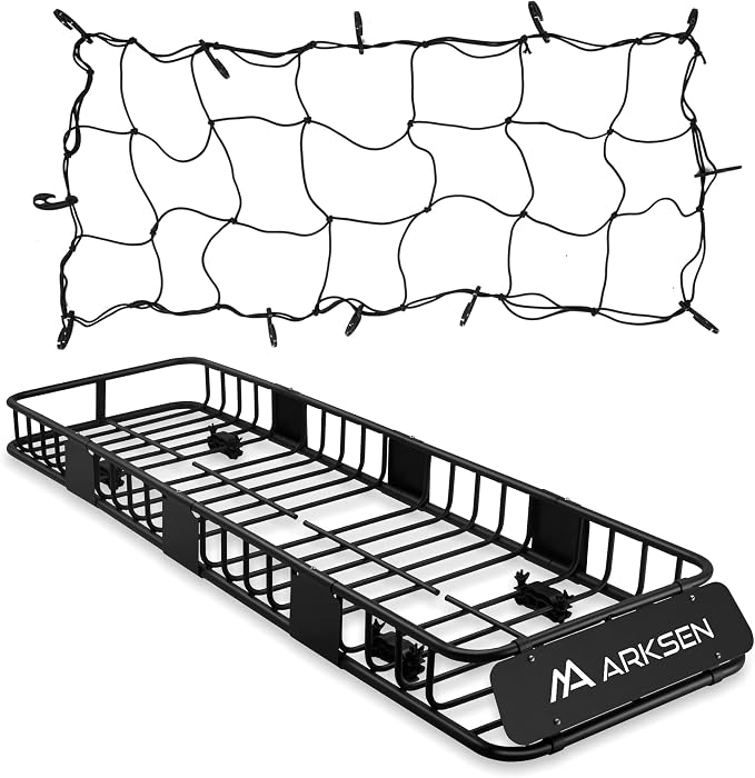 ARKSEN 84"x23"x6" Long and Narrow Car Roof Rack Cargo Carrier Rooftop Basket & Net, Heavy Duty Weather Resistant Luggage & Camping Gear Storage for Car, Truck or SUV Transport