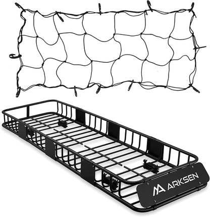 ARKSEN 84"x23"x6" Long and Narrow Car Roof Rack Cargo Carrier Rooftop Basket & Net, Heavy Duty Weather Resistant Luggage & Camping Gear Storage for Car, Truck or SUV Transport