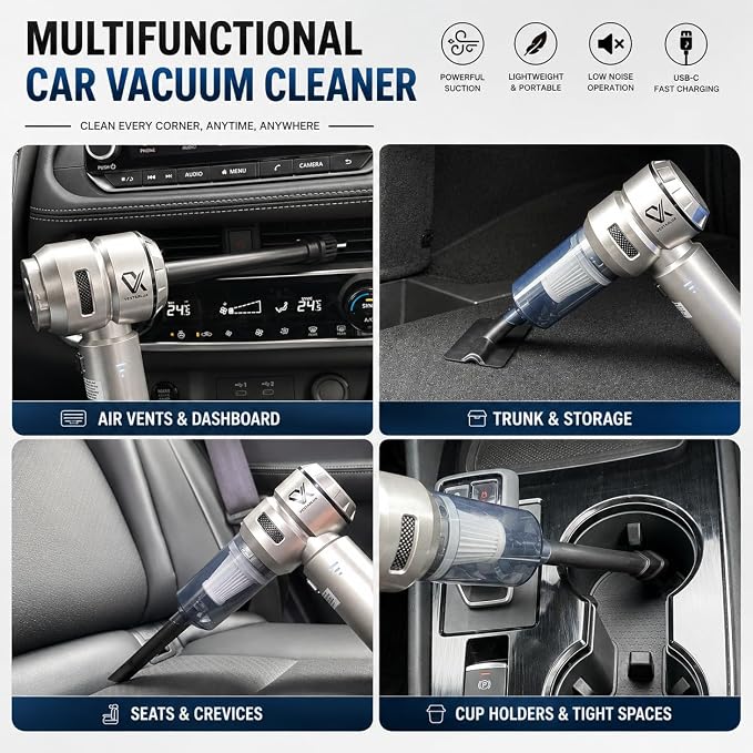 Handheld Car Vacuum Cleaner Cordless Powerful 25000Pa Suction, 3-Speed Brushless Motor Mini Portable Rechargeable Lightweight Hand Held Vacuum & Blower for Vehicle Office Home Pet Hair