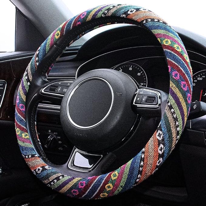 Boho Steering Wheel Cover Elastic Microfiber for Women, Universal Fit 15 inch Car SUV, Hippie Style Protector Cover, Anti-Slip, Breathable, Absorbing Sweat - 01