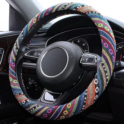 Boho Steering Wheel Cover Elastic Microfiber for Women, Universal Fit 15 inch Car SUV, Hippie Style Protector Cover, Anti-Slip, Breathable, Absorbing Sweat - 01