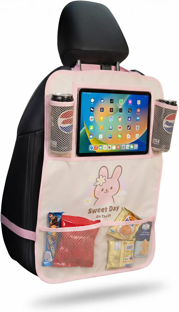 Backseat Car Organizer for Kids, Car Seat Organizer with 11” Touch Screen Tablet Holder, Rear Seat Storage Bag with Drink Pockets, Anti-Kick Seat Back Protector for Travel (Pink Rabbit)