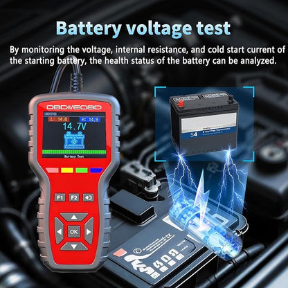 OBD2 Enhanced Scanner and Battery Tester 2-in-1, Car Code Reader and Engine Fault Diagnostic Tool for 1996+ OBDII Protocol Cars，red