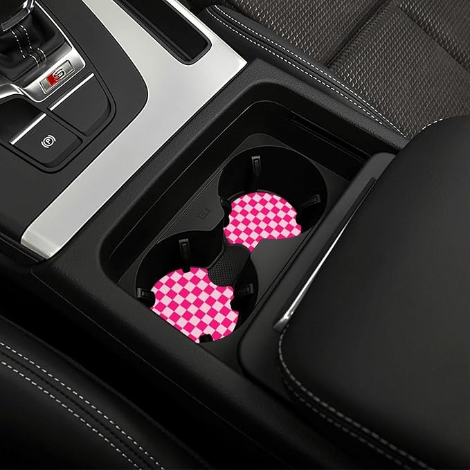 Pink Checkered Steering Wheel Cover Checkered hot Pink Steering Wheel Cover of Wome Anti-Slip Breathable Universal 14-15 Inch Car with 2 Pcs Car Coasters Suitable Men Women