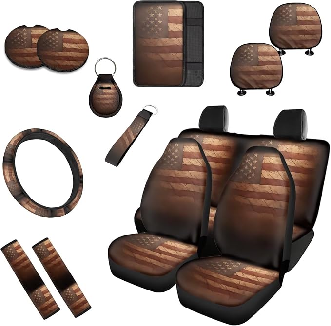 American Flag 13 Pcs Car Seat Covers, Stain USA Flag Driver Seat Cover Protector Armrest Pad, July 4th Star Stripes Steering Wheel Armrest Cover Seatbelt Cup Mats