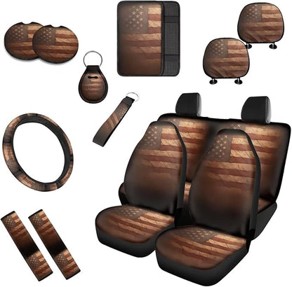 American Flag 13 Pcs Car Seat Covers, Stain USA Flag Driver Seat Cover Protector Armrest Pad, July 4th Star Stripes Steering Wheel Armrest Cover Seatbelt Cup Mats