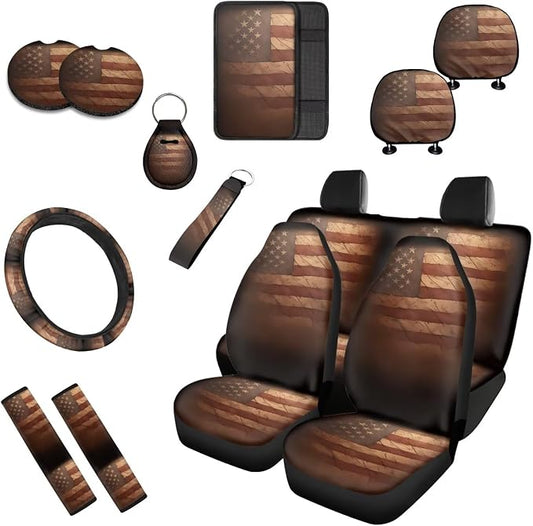 American Flag 13 Pcs Car Seat Covers, Stain USA Flag Driver Seat Cover Protector Armrest Pad, July 4th Star Stripes Steering Wheel Armrest Cover Seatbelt Cup Mats
