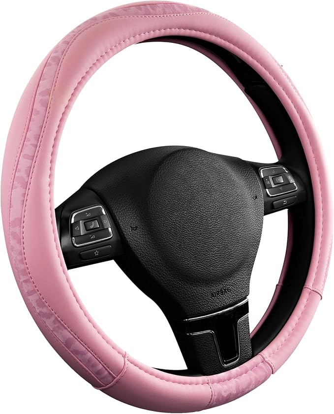 Road Comforts Steering Wheel Cover - Made with PVC Leather and Leopard Fabric - Universal 14 1/2 inches to 15 inches for Most Automotive Steering Wheel - Cheetah Print - All Pink