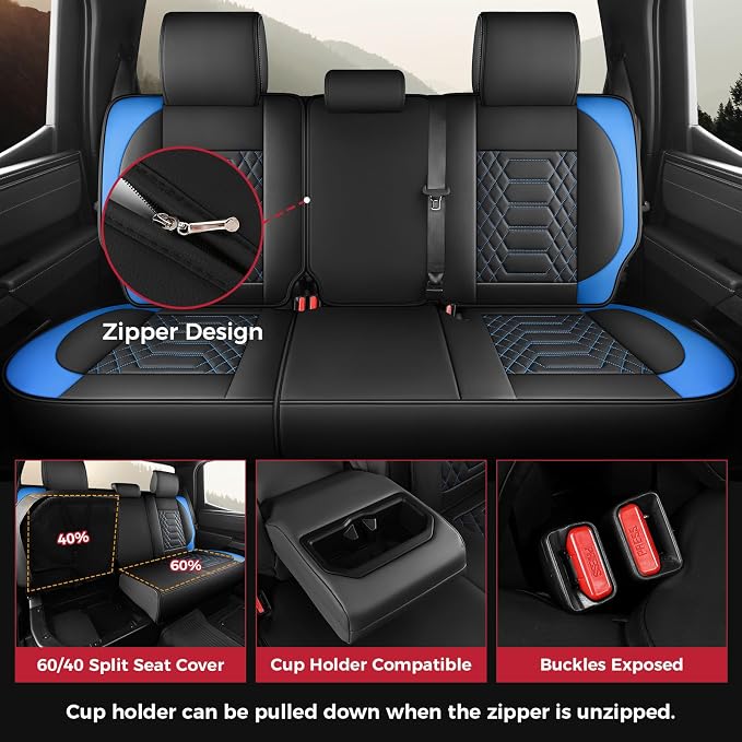 FREESOO Tundra Seat Covers 2026 2025 2024 2023 2022 Full Set, Fit for Toyota Tundra Crewmax Double Cab, Custom Truck Seat Covers with Waterproof Faux Leather BlackBlue