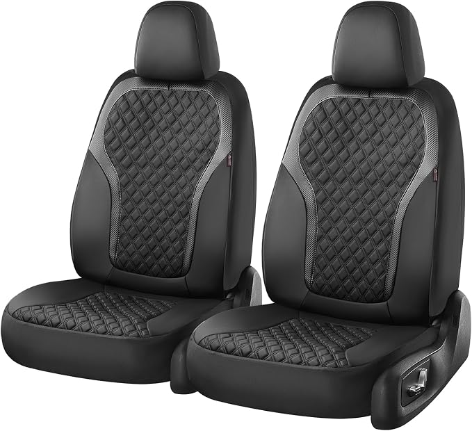 Coverado Front Seat Covers, 2-Pack Luxury Diamond Leather Car Seat Cover with Carbon Fibre Weave, Spill-Proof Driver Car Seat Protectors, Waterproof Seat Covers Universal Fit for Most Cars, Black