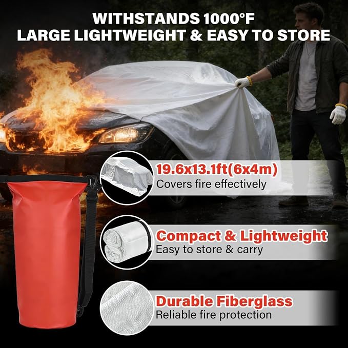 Fires Blankets for Cars 19.6’ x 13.1’EV Thermal Runaway Cover with 2 Pairs Adhesive‑Coated Gloves Storage Bag Quick Deployment for Engine Fires & Accidents
