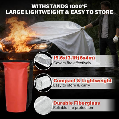 Fires Blankets for Cars 19.6’ x 13.1’EV Thermal Runaway Cover with 2 Pairs Adhesive‑Coated Gloves Storage Bag Quick Deployment for Engine Fires & Accidents