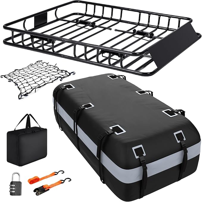 Heavy Duty Universal Rooftop Cargo Carrier Roof Rack, 64"x36"x5" Roof Rack Basket with 20 Cu.Ft Waterproof Bag, for SUV, Truck and Van, 250lbs Capacity, Corrosion Resistant (ROOF 64" and Bag)
