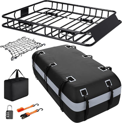 Heavy Duty Universal Rooftop Cargo Carrier Roof Rack, 64"x36"x5" Roof Rack Basket with 20 Cu.Ft Waterproof Bag, for SUV, Truck and Van, 250lbs Capacity, Corrosion Resistant (ROOF 64" and Bag)