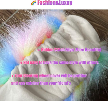 Rainbow Colorful Fluffy Steering Wheel Cover, Girly Long Fuzzy Furry Wool Sheepskin Fur Car Wheel Protector with Light Pink Soft Warm Handbrake Cover Gear Shift Cover for Women/Girl/Ladies 14.5-15"