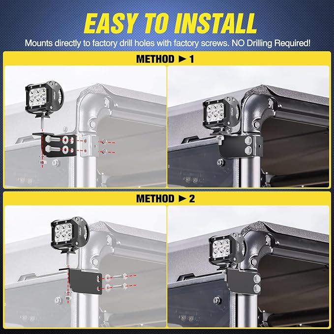 Nilight 2PCS 3 Inch LED Pods Cubes UTV Rear Roof Mounting Brackets LED Backup Reverse Lighting 15FT Wiring Harness Kit 2 Leads for 2013-2024 Polaris Ranger Full Size 570 800 900 1000 XP Crew