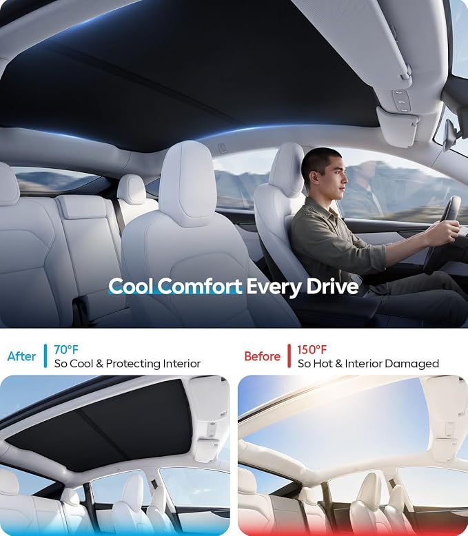 Wigoo Tesla New Model Y Juniper Accessories Sunshade Roof [Never Sag, Nano Ice-Crystal Coatings] Heat Insulation Glass Roof Sun Shade, Accessories for Tesla New Model Y 2025 2026 Launch, Black