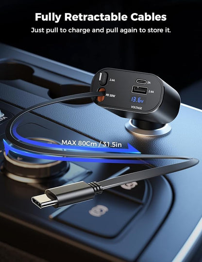 Retractable Car Charger 4 in 1 Fast Car Phone Charger Adapter with Type C & Apple Cords Compatible with iPhone 17/16/15/14/13/12/11, Galaxy, Pixel