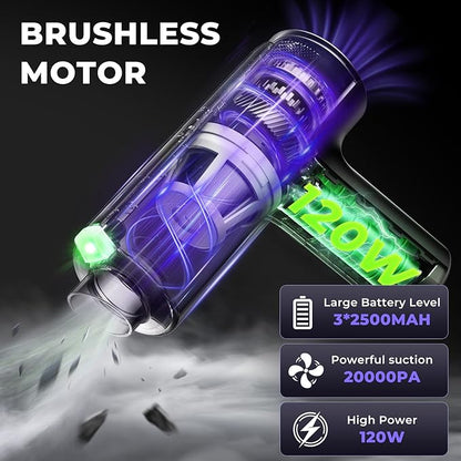 20000Pa Cordless Car Vacuum, 80,000 RPM Brushless Motor Handheld Vacuum with 7-in-1 Air Duster Blower, Portable Type-C Rechargeable Cleaning Kit for Pet Hair, Home & Office, Grey