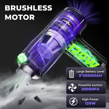 20000Pa Cordless Car Vacuum, 80,000 RPM Brushless Motor Handheld Vacuum with 7-in-1 Air Duster Blower, Portable Type-C Rechargeable Cleaning Kit for Pet Hair, Home & Office, Dark Black