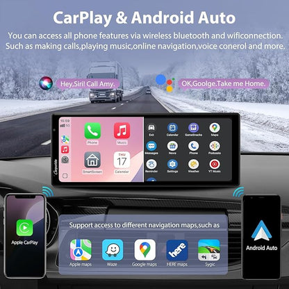 Carpuride Wireless Carplay & Android Auto with Dash Cam - 10.26 Inch HD IPS Touch Car Play Screen for Car, 4K Front & 1080P Rear Camera, Loop Recording, Bluetooth Audio, Mirror Link, GPS