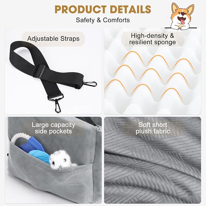 JOEJOY Dog Car Seats for Small Medium Dogs Under 35lbs, Dog Booster Seat with Detachable Washable Cover and Cushion, Memory Foam Pet Car Seat with Safety Belt and Storage Pockets (LG)