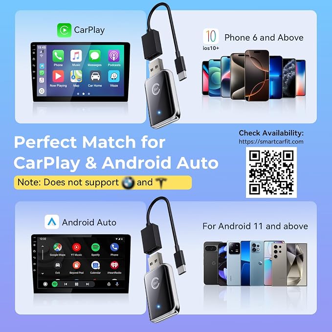 CZOCPOS 2-in-1 Wireless CarPlay Adapter, Plug and Play USB Dongle Support CarPlay and Android Auto, Mini Size, Inky Black