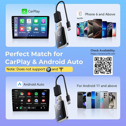 CZOCPOS 2-in-1 Wireless CarPlay Adapter, Plug and Play USB Dongle Support CarPlay and Android Auto, Mini Size, Inky Black