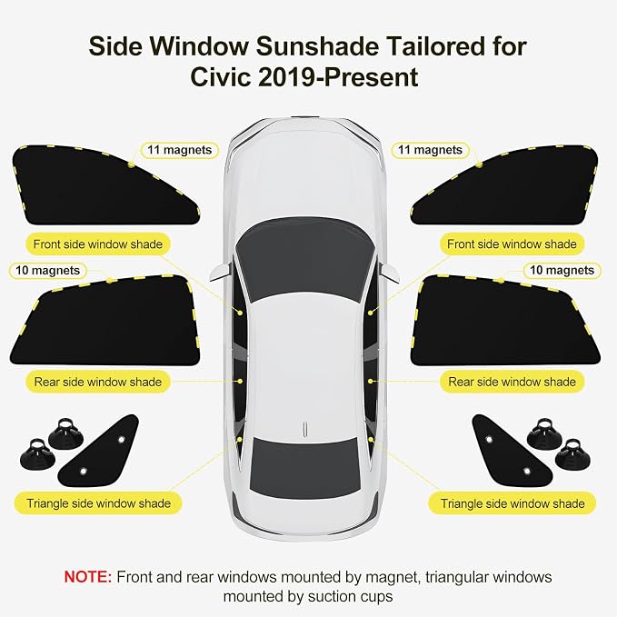 ZATOOTO Car Window Shades for Honda Civic 2017-2024, Side Window Sun Shade with Double Layer Reversible, Black for Blackout Privacy Silver for UV Blocking for Camping Sleeping Travel