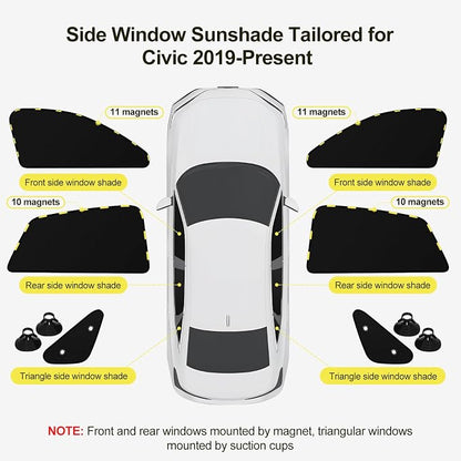 ZATOOTO Car Window Shades for Honda Civic 2017-2024, Side Window Sun Shade with Double Layer Reversible, Black for Blackout Privacy Silver for UV Blocking for Camping Sleeping Travel