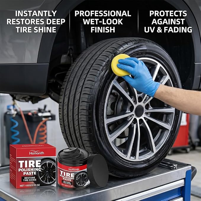 RAINPOT 2026 Tire Polishing Paste, Car Tire Shine with Sponge, Tire Wax Cream & Coating Paste for Deep Gloss, UV Protection & Waterproof Finish, Tire Restorer for Cars, Trucks, Motorcycles (2)