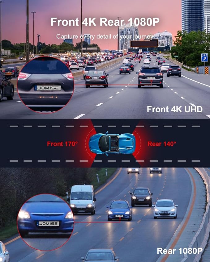JOMISE 4K Dash Cam Front and Rear, 3.16” IPS Touch Screen, 64GB Card Included, Dual Dash Camera for Cars, Built-in GPS Wi-Fi, UHD 2160P Night Vision, WDR, 24H Parking Monitor (J6)
