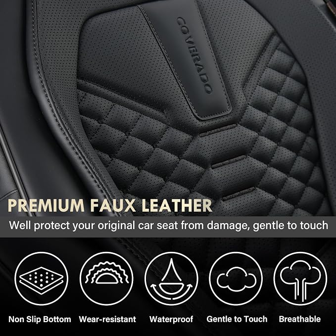Coverado Leather Seat Covers, Car Seat Covers Full Set, Black Seat Covers for Cars, Car Seat Protector Waterproof, Car Seat Covers Front Seats and Back Universal Fit for Most Cars
