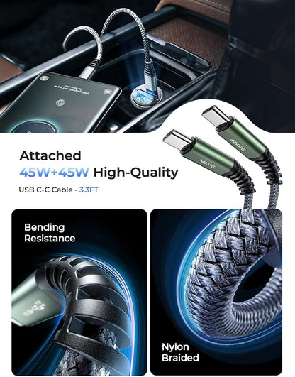 AINOPE 90W for iPhone 17/16/15 Pro Max Car Charger USB C Fast Chage, [Mini&Metal] Invisible Cigarette Lighter Adapter with 3FT USB C to C Cable, Car Accessories for Mother Him Her, Adapter for iPhone