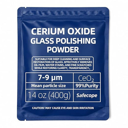 14 oz (400g) 99% Cerium Oxide Glass Polishing Powder (7-9 Um) – Removes: Oil Films, Water Spots, Swirl Marks, Wiper Streaks, Removes Fine Scratches & Deep-Cleans Glass Surfaces.