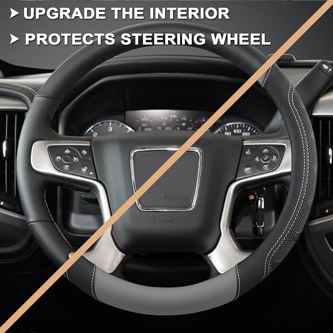 GIANT PANDA Steering Wheel Cover for GMC Sierra Acadia Terrain Yukon(Gray+Black-Standard Size)
